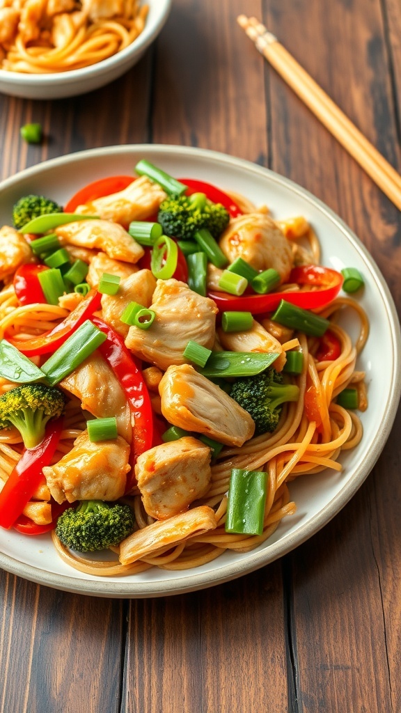 A colorful plate of Chicken Lo Mein with chicken, bell peppers, broccoli, and snap peas, garnished with green onions.